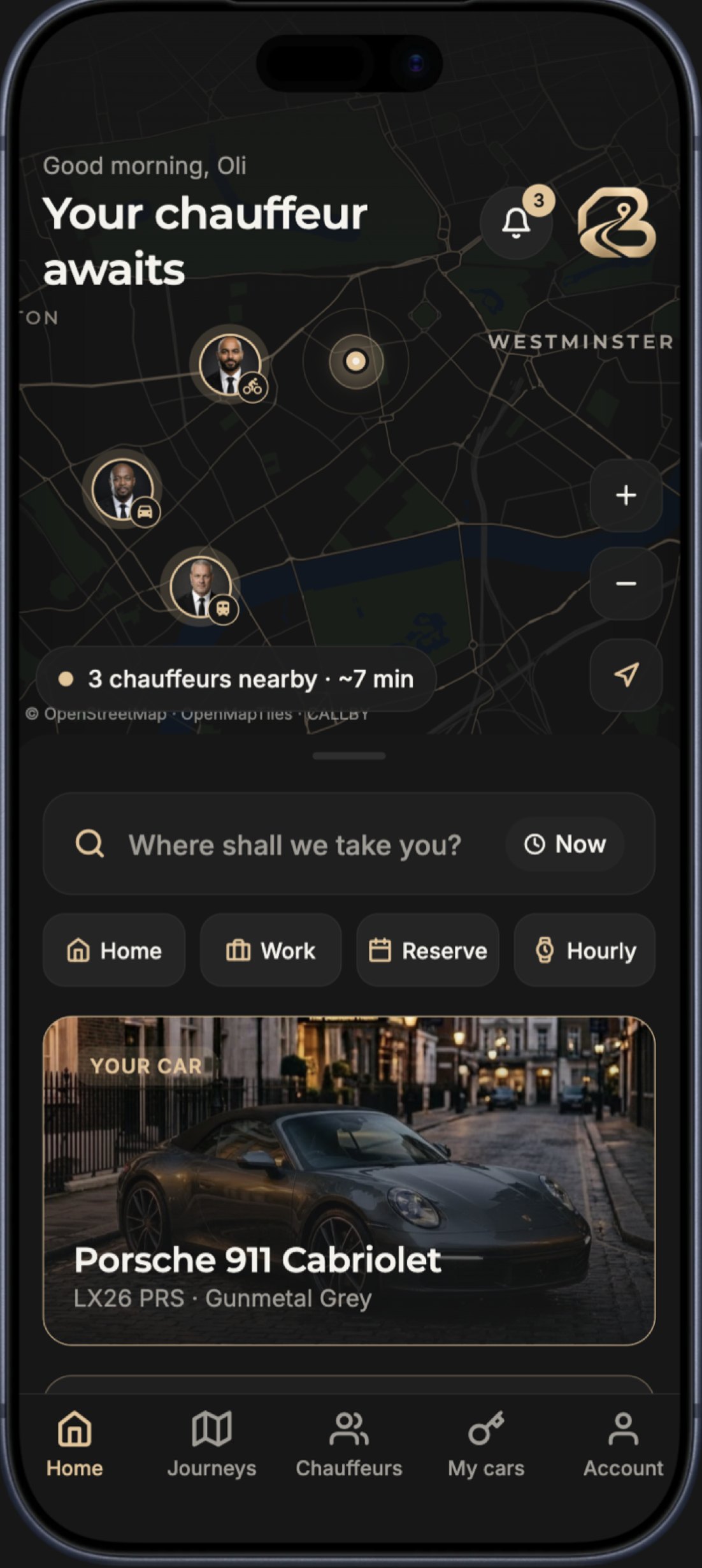 CALLBY home screen with nearby chauffeurs on the map